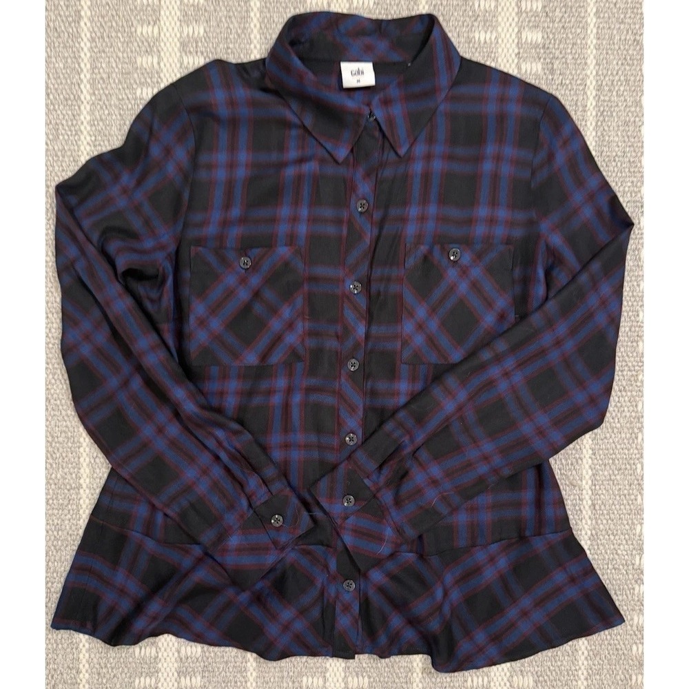 CAbi Plaid Flannel Feminine Peplum Button Up Shirt Top Blouse Medium
